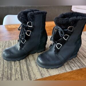 Sorel Black Heeled Boots with Fur Trim